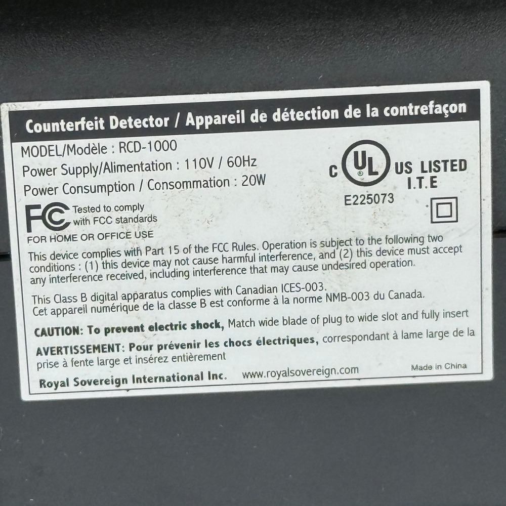 Royal Sovereign RCD-1000 UV Counterfeit Bill Money Detector Blck Office Security - Picture 7 of 8